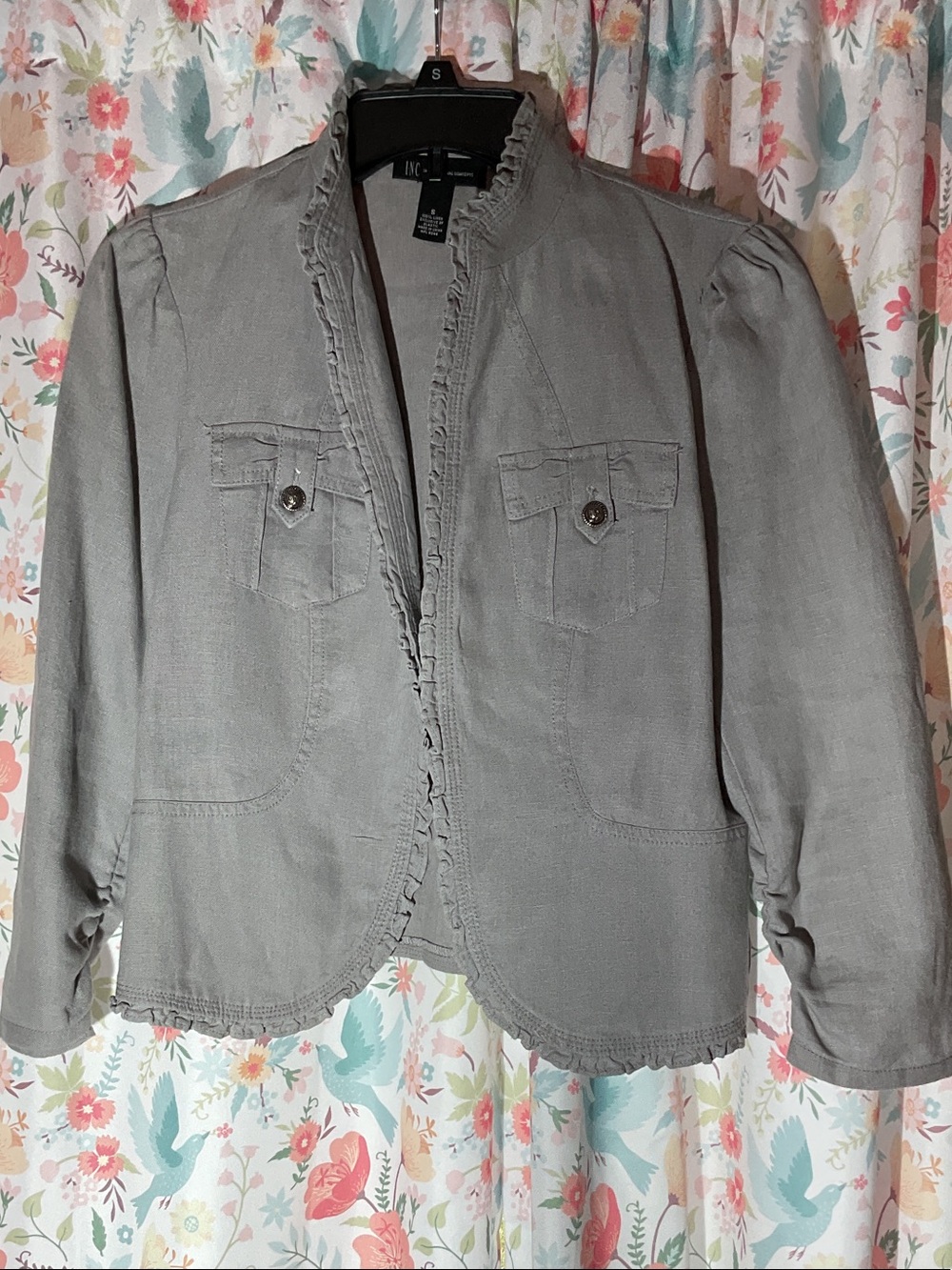 INC International Concepts Gray Ruffle-Trim Open Front Jacket